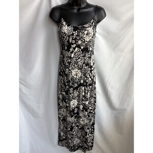 7Day WKND Floral Midi Dress Black Cream Size S Spaghetti Straps Side Slit Cute